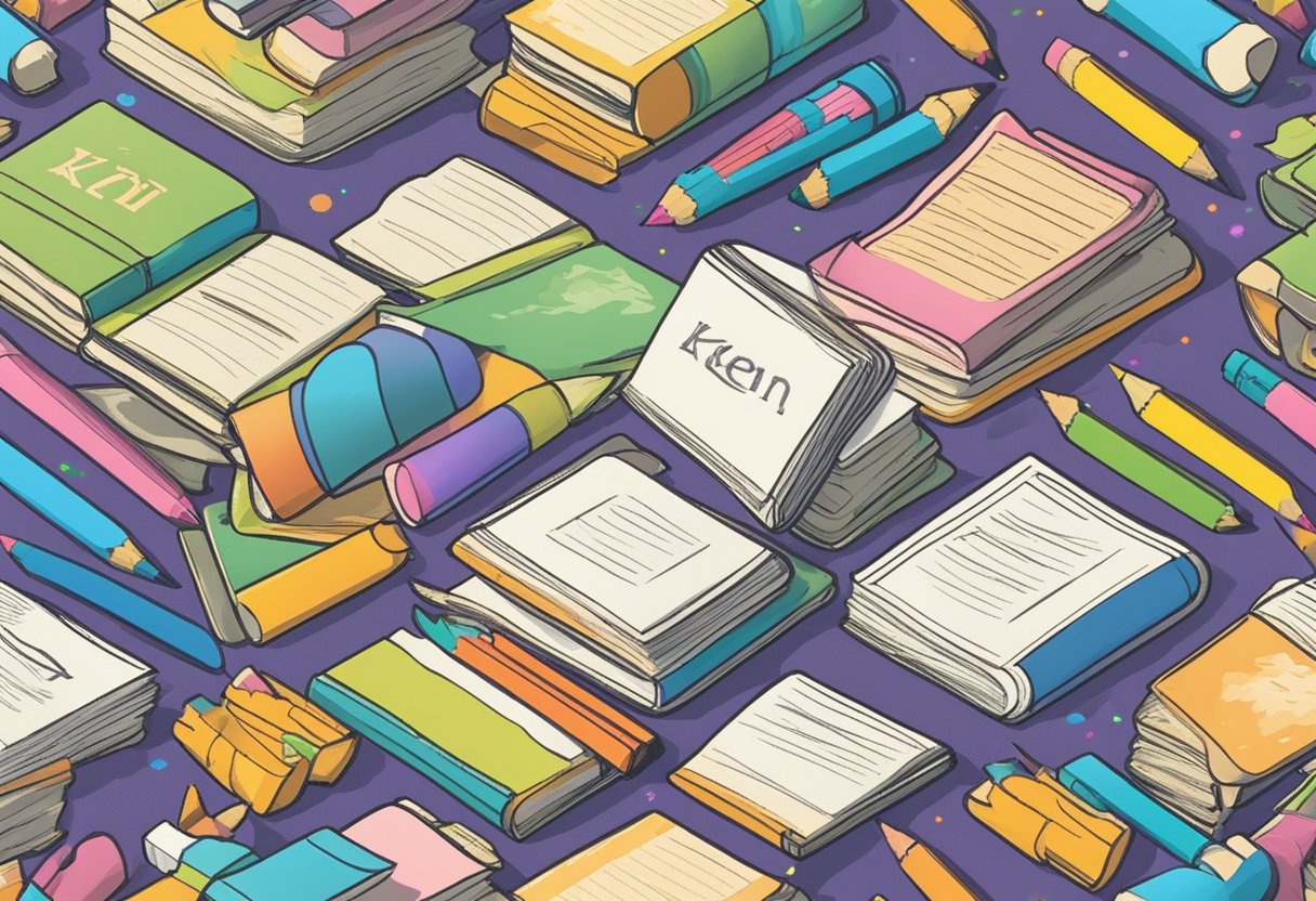 A pile of baby name books with "Ken" in the titles, surrounded by colorful pencils and a blank sketchpad