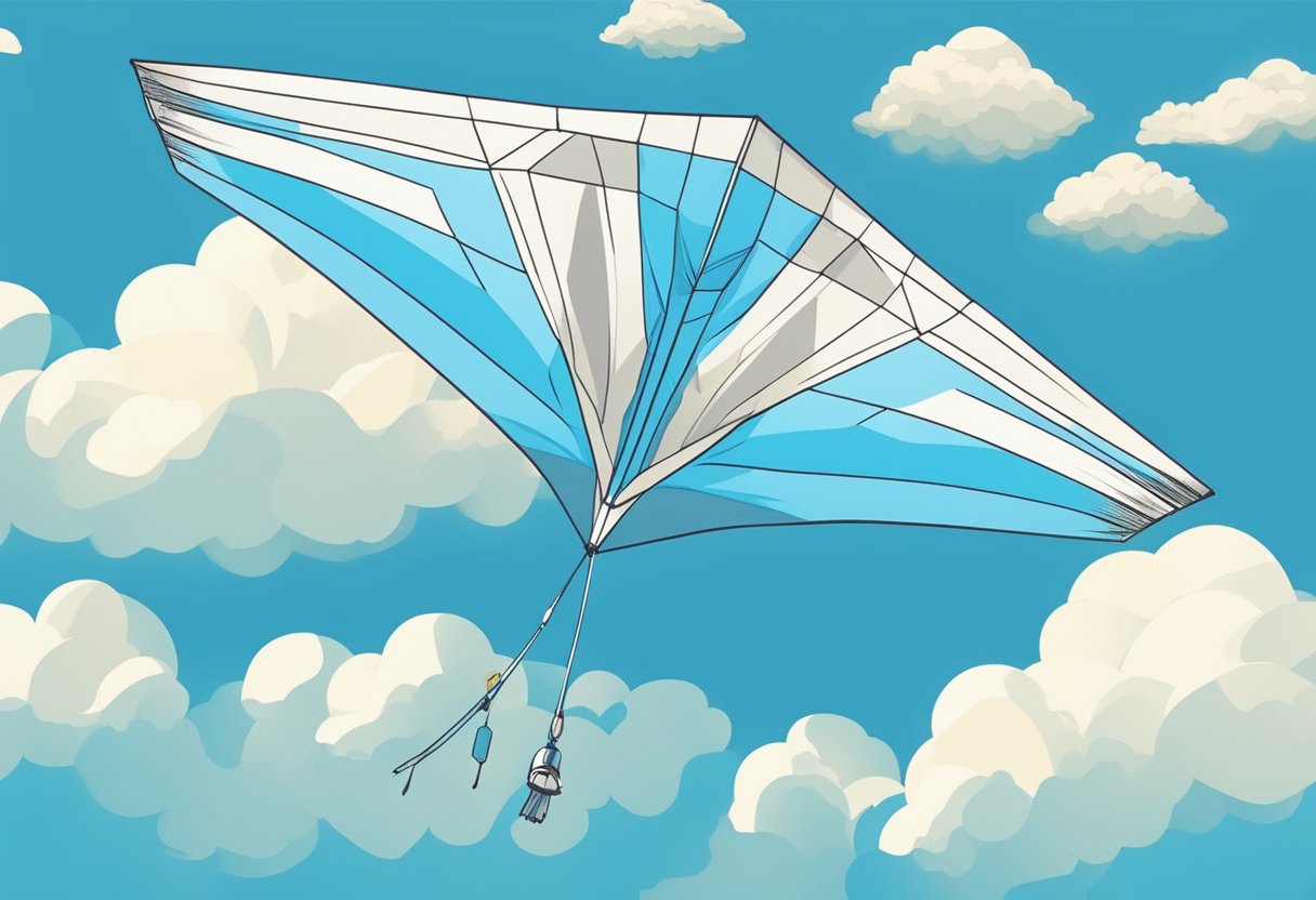 A baby blue kite soaring high in the sky, with the sun shining and fluffy white clouds in the background