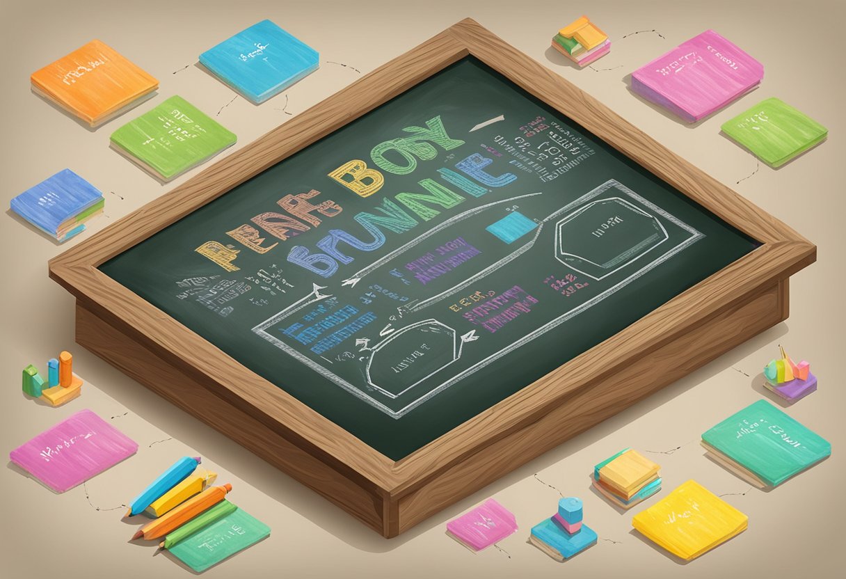 A colorful chalkboard with "Tips For Brainstorming The Perfect Name" written in bold letters at the top. Underneath, a list of baby boy names with "kha" highlighted