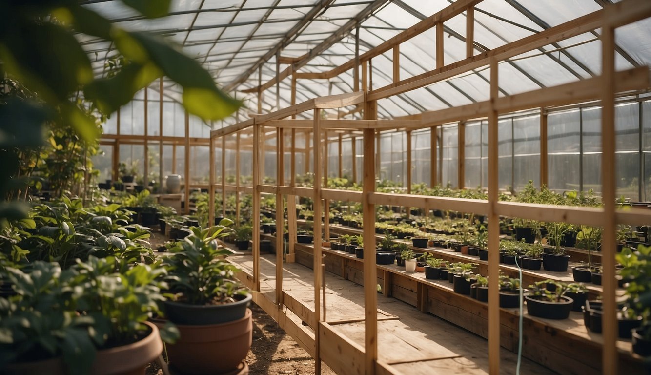 A wooden frame being assembled, clear plastic sheeting being stretched over the structure, and shelves being installed for potted plants inside the greenhouse