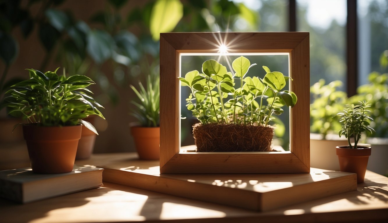 A wooden frame takes shape, plastic sheets are draped, and shelves are added inside. The sun shines through, nurturing the plants within