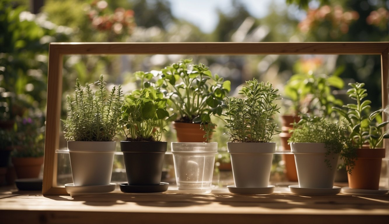 A wooden frame stands in a sunny backyard, covered in clear plastic. Pots of plants line the shelves inside, surrounded by tools and seed packets