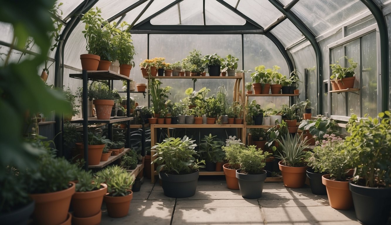 The easy DIY greenhouse is well-maintained with clean glass panels and tidy shelves of potted plants. Tools and supplies are neatly organized in a corner
