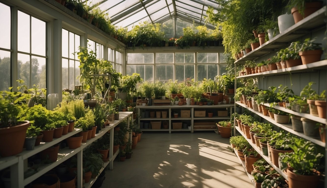 Lush green plants fill the sunlit greenhouse, surrounded by shelves of gardening supplies and tools. The clear walls and roof allow ample natural light to filter through, creating a peaceful and inviting atmosphere