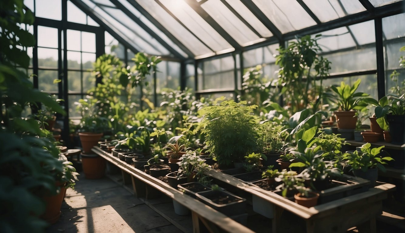 Lush plants thrive inside a simple DIY greenhouse, surrounded by vibrant greenery and bathed in natural light