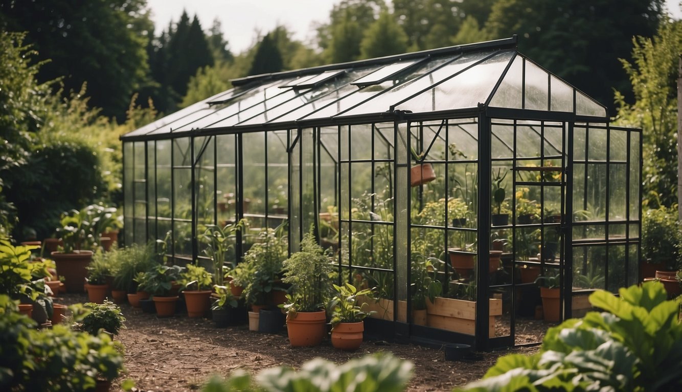 A greenhouse being assembled with clear panels and a sturdy frame, surrounded by lush green plants and gardening tools