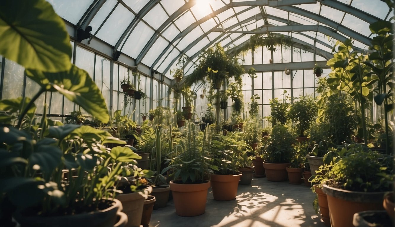 Lush plants thrive in Greenhouse Resources' easy DIY greenhouse. Bright sunlight filters through the transparent walls, nurturing the greenery within