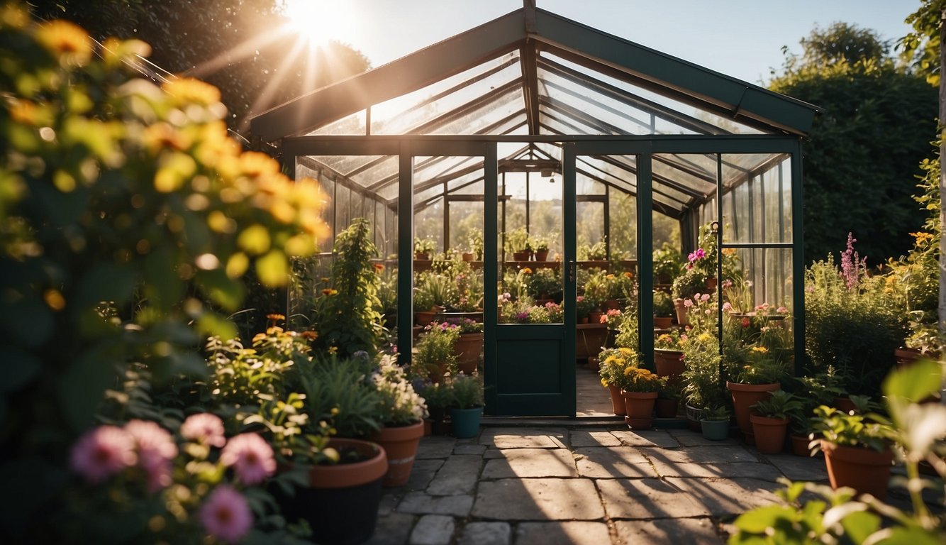 A small, sturdy greenhouse sits in a backyard, surrounded by lush green plants and colorful flowers. The sun shines through the clear panels, warming the interior