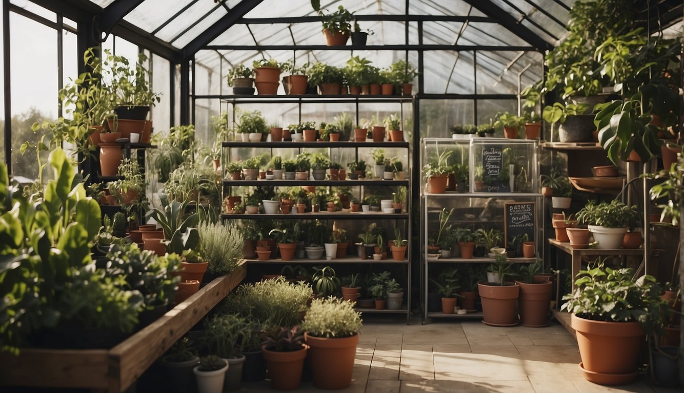 A small greenhouse with clear panels, shelves with potted plants, and a sign with "Frequently Asked Questions: easy diy greenhouse" displayed prominently