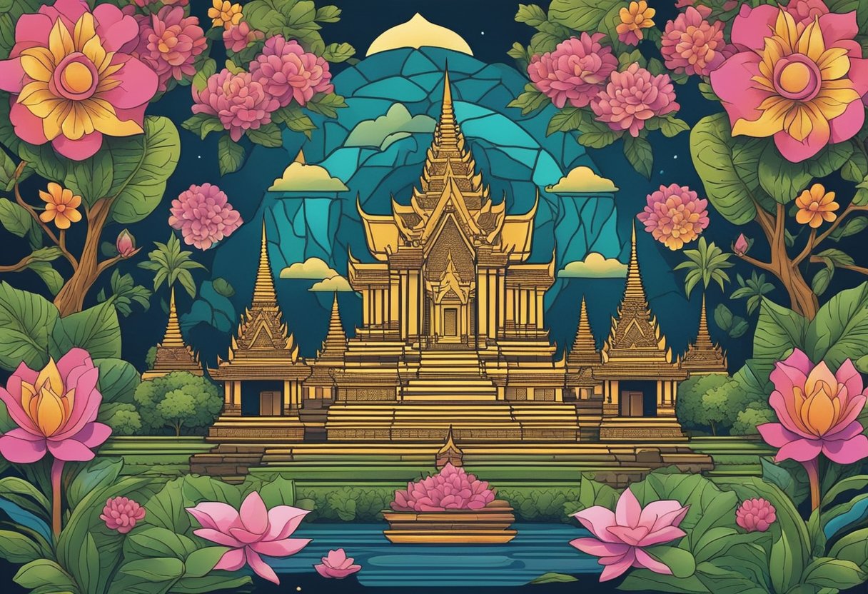 A colorful array of traditional Khmer symbols and patterns, surrounded by vibrant flowers and foliage, evoking the rich cultural heritage of Cambodia