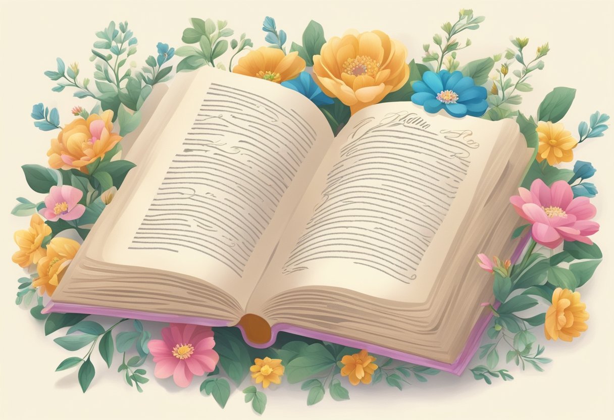 An open book with various baby names written in elegant script, surrounded by colorful flowers and delicate vines