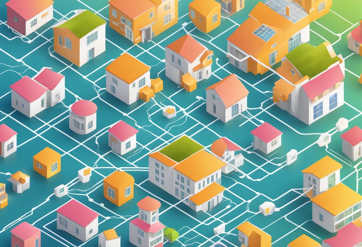 A network of interconnected blocks with RWA tokens flowing between them, showcasing various use cases in finance, real estate, and supply chain management