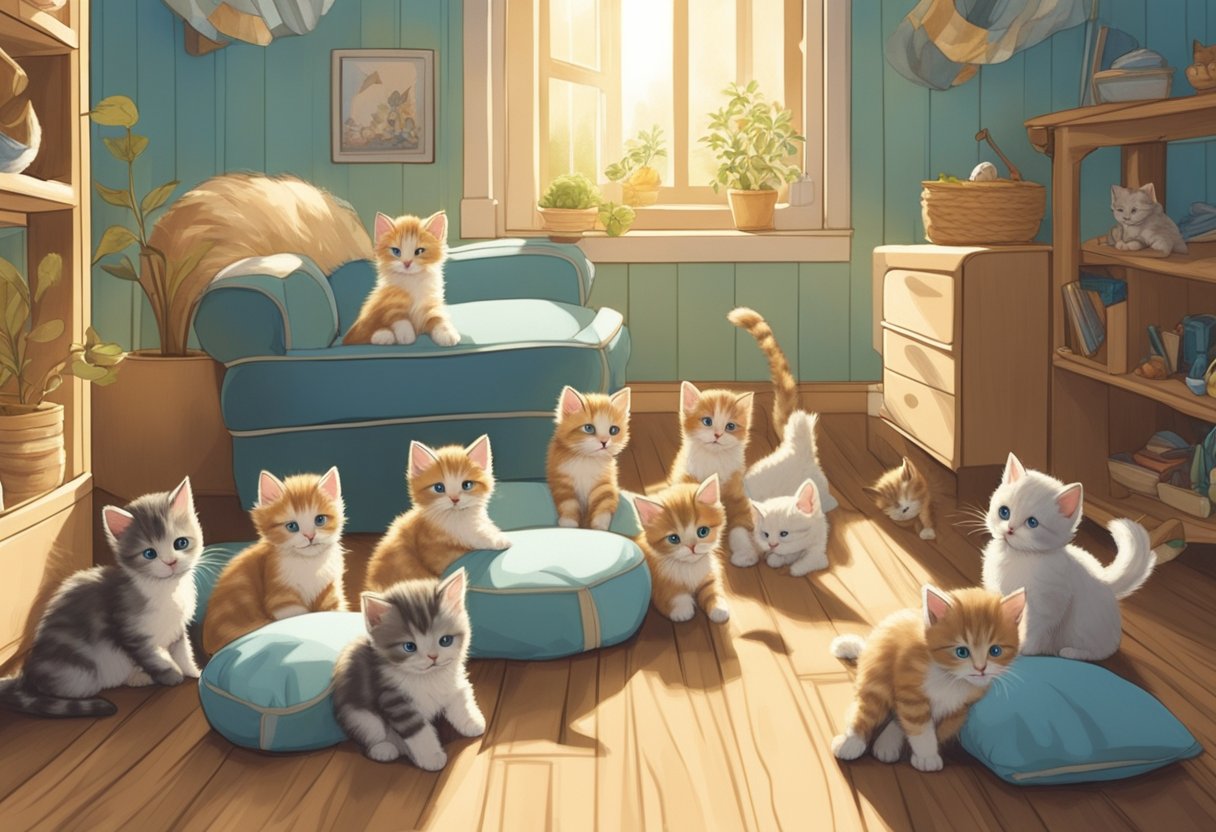 A litter of baby boy kittens playfully frolic in a cozy, sunlit nursery, their tiny mews filling the air as they explore their new world