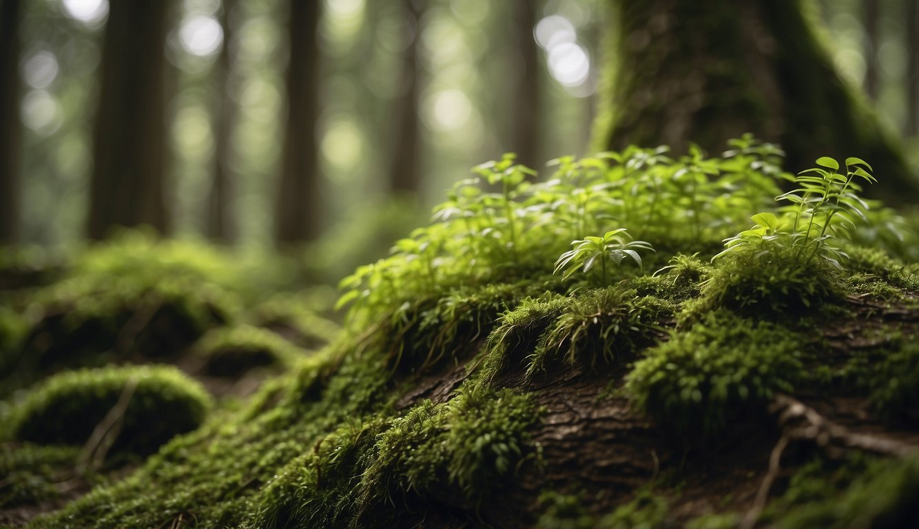 Lush green moss thrives in a shaded forest, absorbing moisture from the air and soil, while its delicate tendrils reach out and cling to the rough bark of ancient trees
