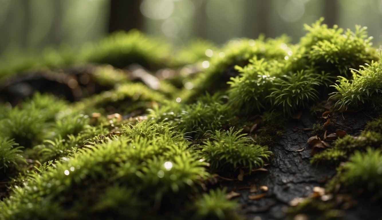 Lush green moss thrives in a shaded, damp environment with filtered sunlight and consistent moisture. Fallen leaves and organic debris provide nutrients for growth