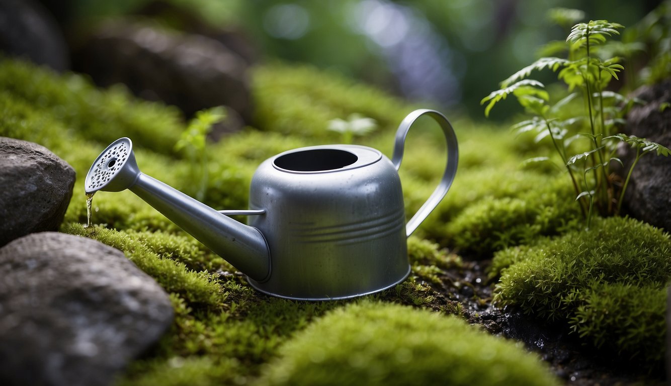 A watering can pours onto lush moss, surrounded by moisture-retaining rocks and plants