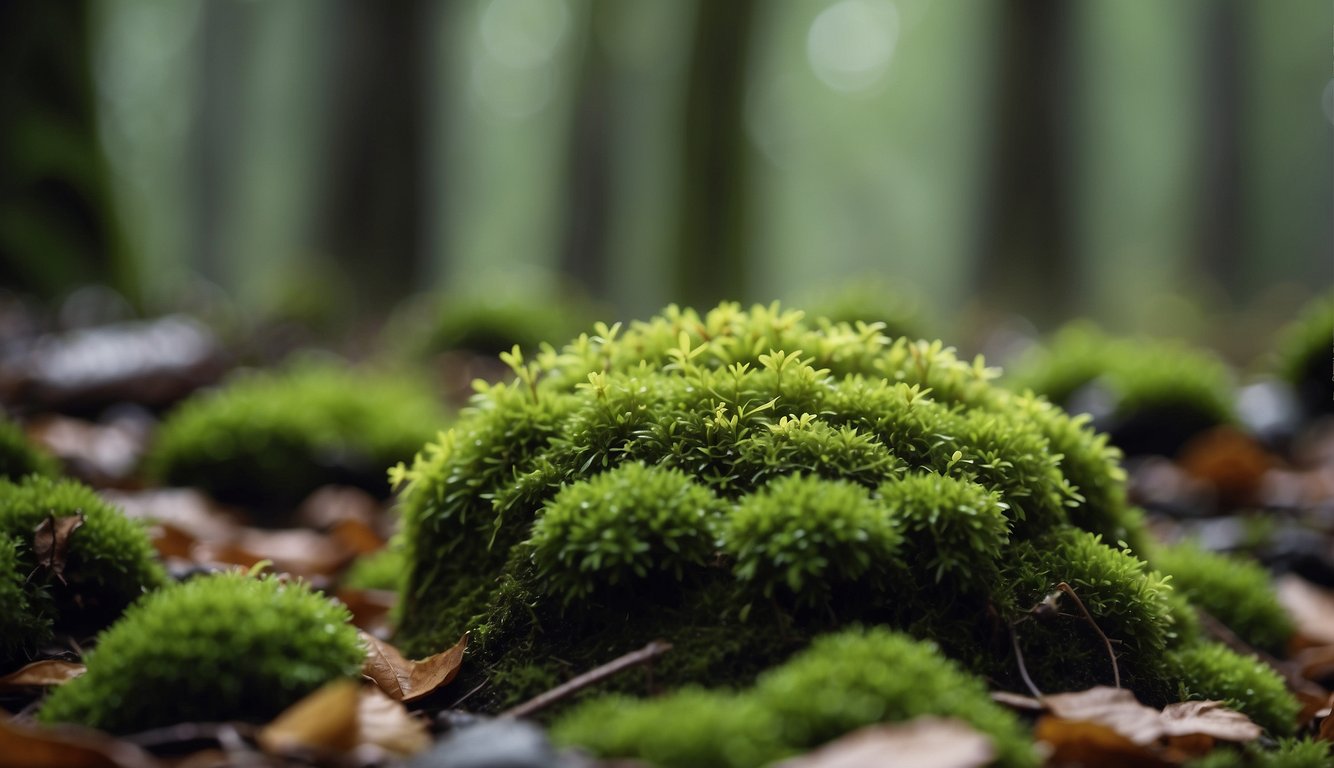 A small patch of vibrant green moss thrives in a shaded, damp environment, surrounded by fallen leaves and twigs