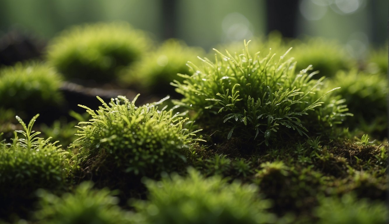 Lush green moss thrives in various containers, surrounded by moisture and shade