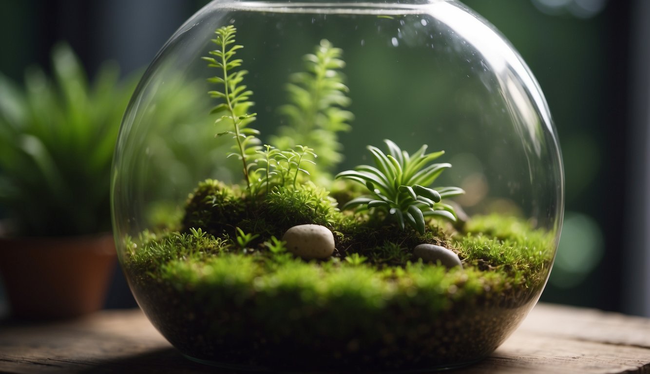 Lush green moss thrives in a terrarium, nestled among rocks and moist soil, with gentle sunlight filtering through a humid atmosphere