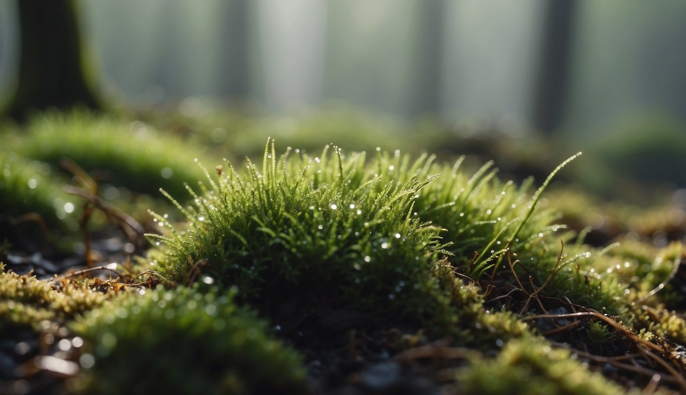 Moss surrounded by misty air, nestled in damp soil, receiving gentle sunlight, and being watered sparingly