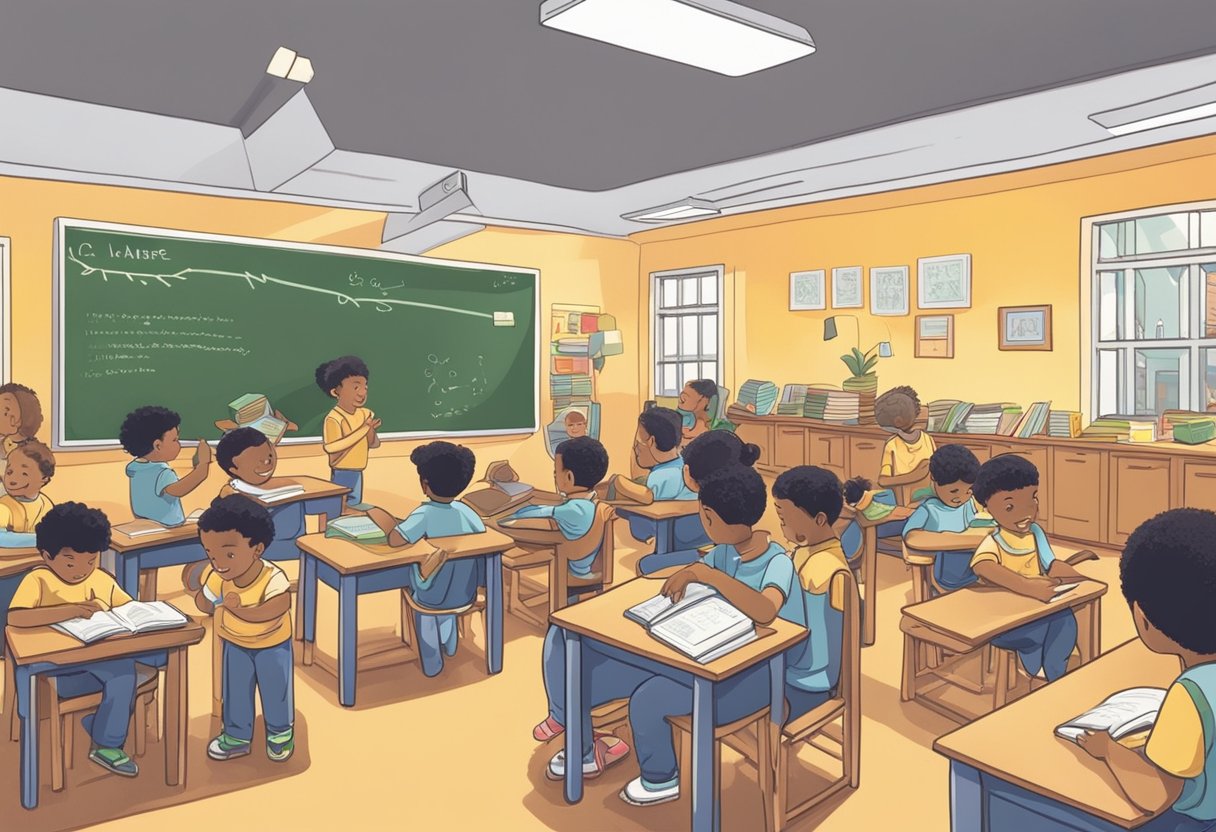 A classroom with a chalkboard displaying "More Name Ideas," surrounded by baby name books and excited students discussing new names