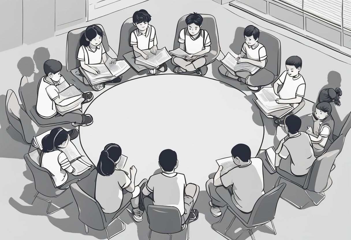 A group of kids sit in a circle, eagerly discussing and suggesting names for the new student at school. Papers with name ideas are scattered around them