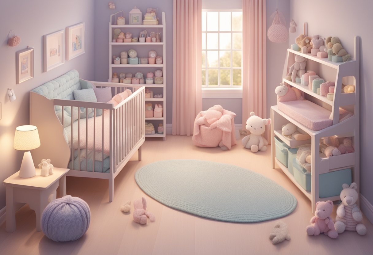 A cozy nursery with shelves of knitted baby names in soft pastel colors