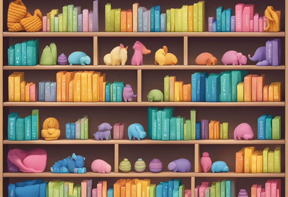 A cozy, colorful display of knitted baby names on a shelf