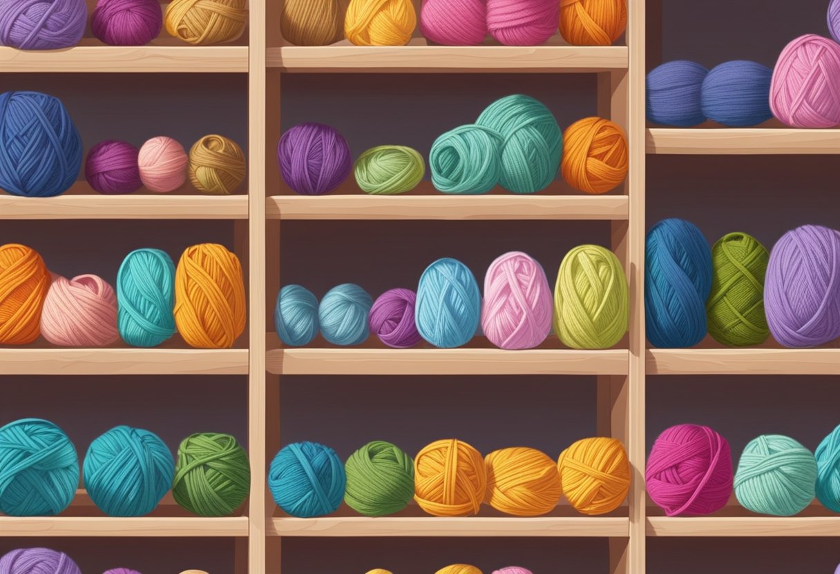 A cozy, colorful collection of knitted baby names displayed on a shelf, surrounded by skeins of yarn and knitting needles