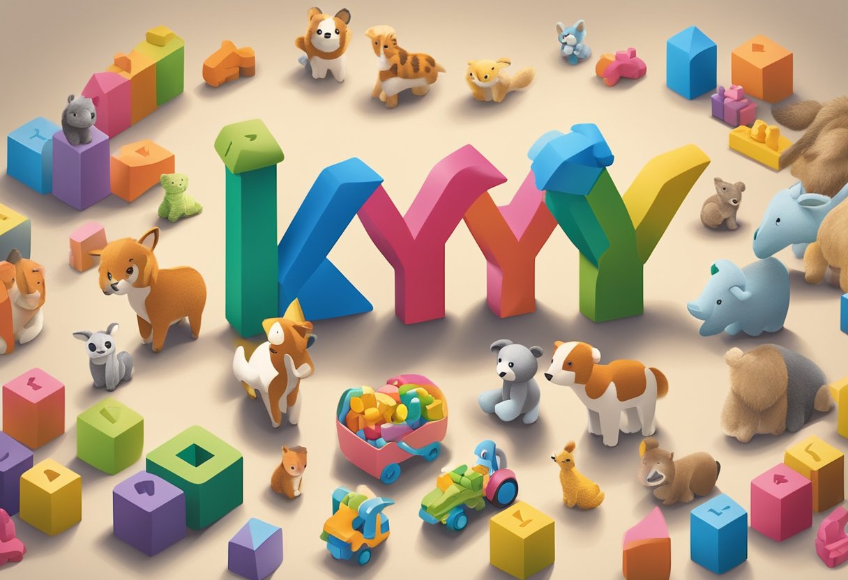 A colorful display of alphabet blocks spelling out "Ky" surrounded by playful baby animals and toys