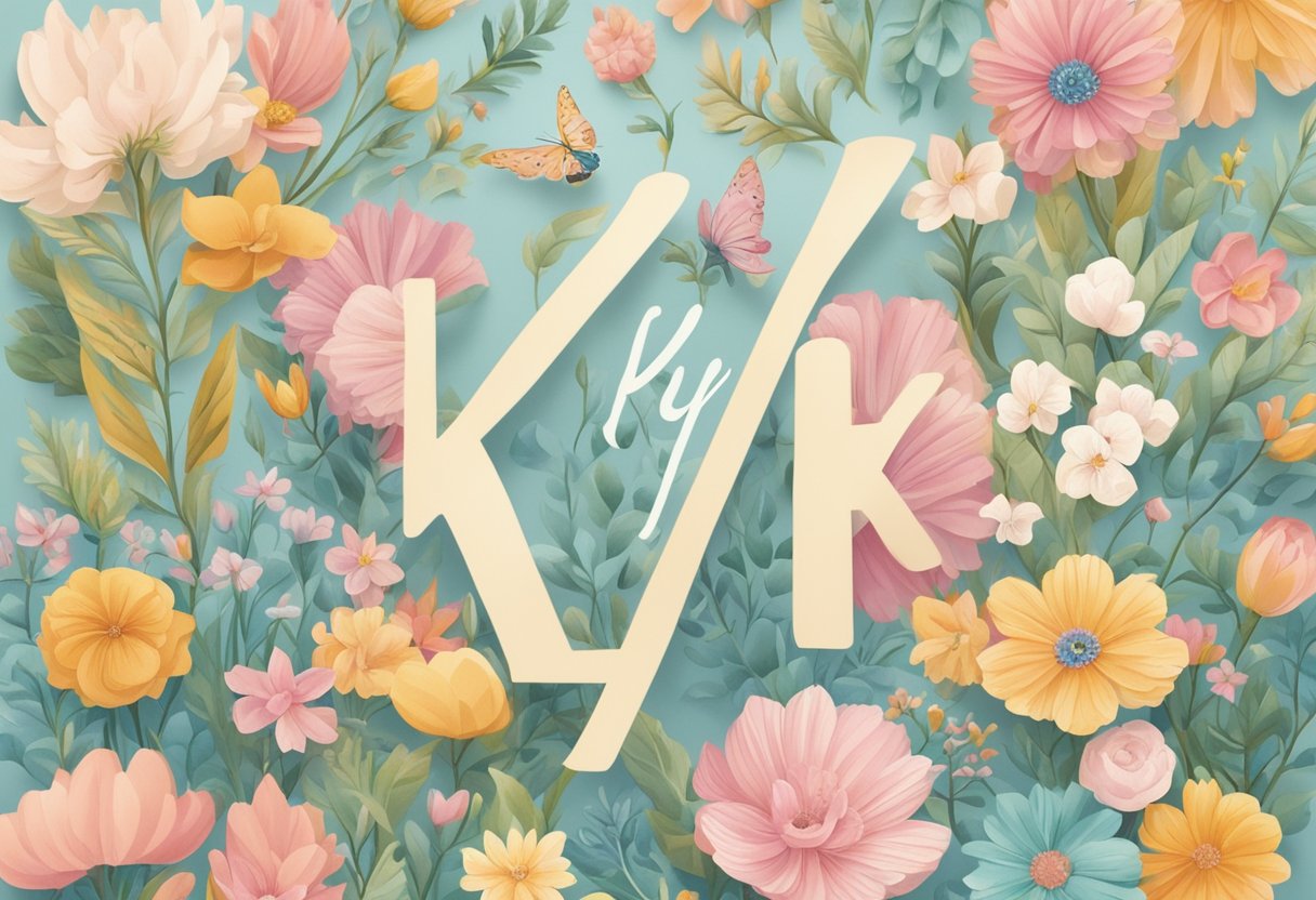 A colorful display of baby girl names starting with "Ky" arranged in a playful and whimsical font, surrounded by delicate floral illustrations