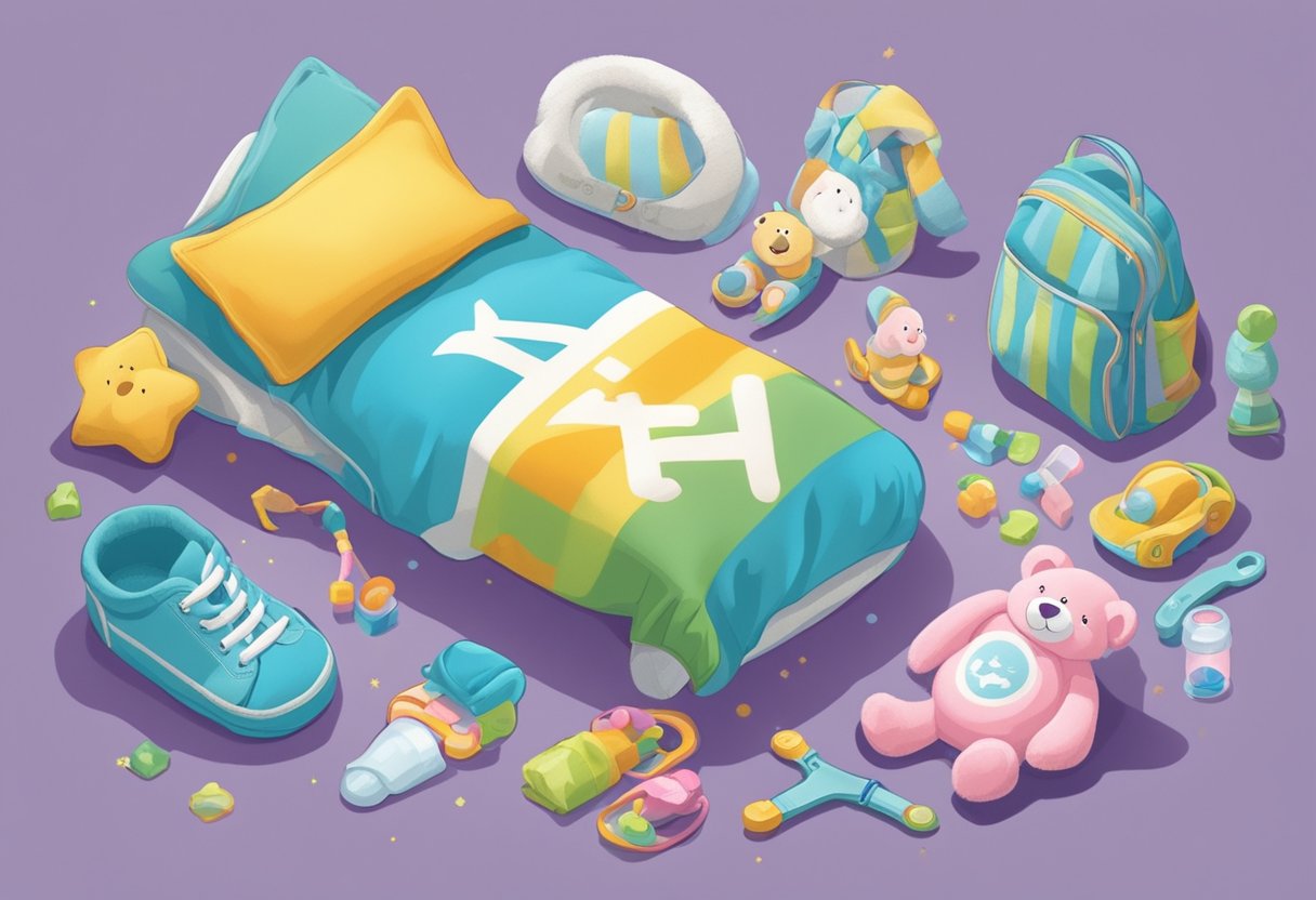 A colorful array of baby items with "Ky" names: a plush toy, a onesie, a pacifier, and a blanket