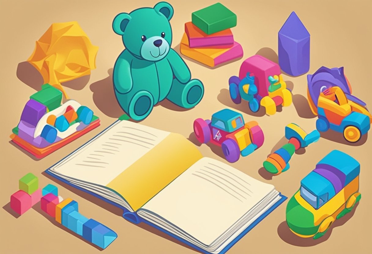 A Latin boy's name book open on a table, surrounded by colorful baby toys and a soft blanket