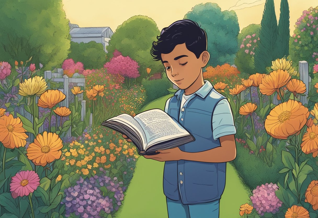 A Latin boy stands in a garden surrounded by vibrant flowers, holding a small book of baby names