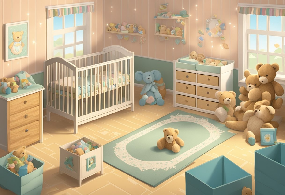 A nursery with a sign reading "Welcome, Baby Lawson" on the door. Teddy bears and alphabet blocks scattered around