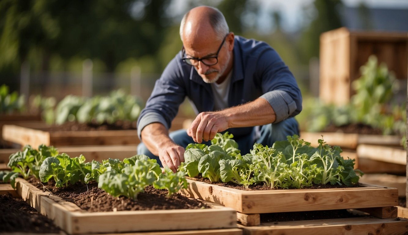 An individual carefully examining different types of wood for raised vegetable beds, considering factors such as durability, resistance to rot, and cost
