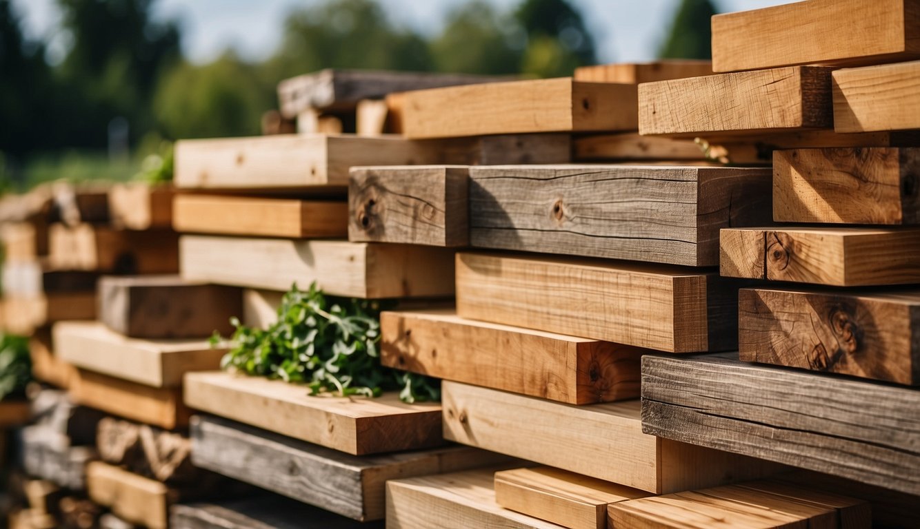 A variety of wood types are stacked neatly, showcasing options for raised vegetable beds