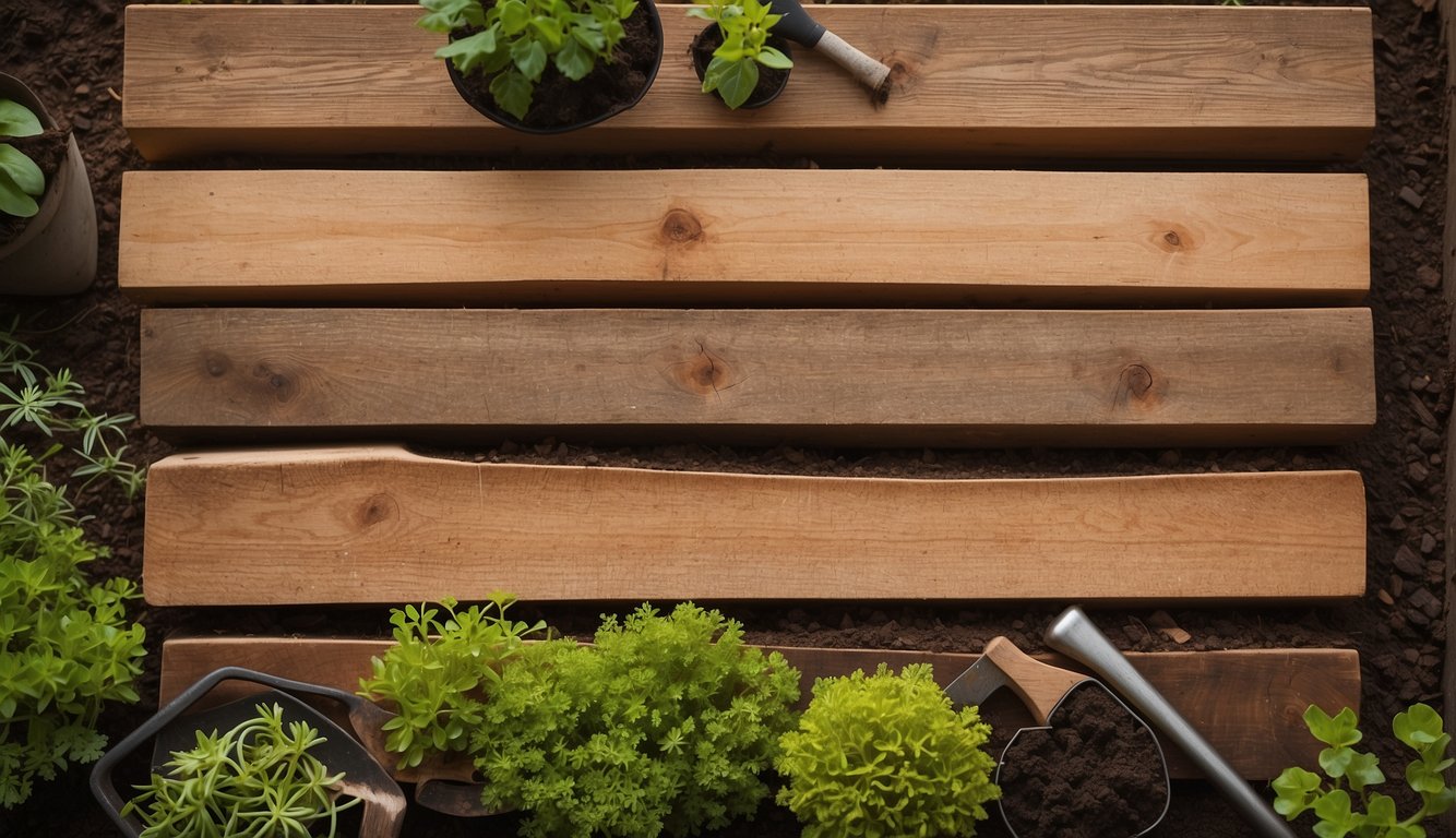 A stack of untreated cedar planks arranged in a rectangular shape, filled with soil and surrounded by a few gardening tools
