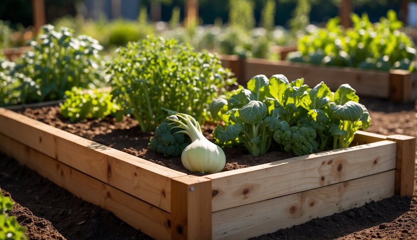 A wooden raised bed filled with healthy vegetables, showcasing the use of untreated cedar or redwood for long-lasting and safe growing conditions
