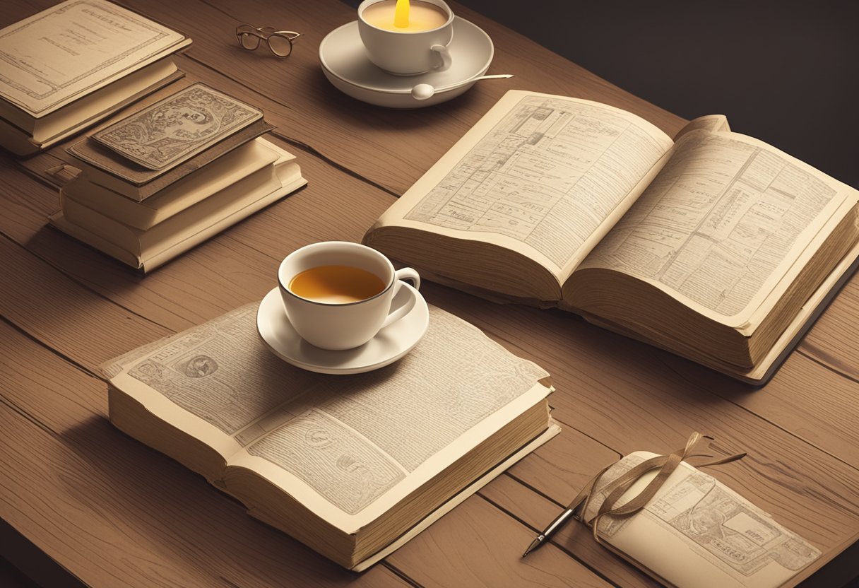 A collection of vintage baby name books spread across a cozy table, with a cup of tea and a pen resting on top