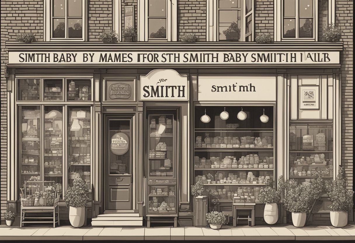 A sign reading "Baby Names for Smith" outside a quaint shop