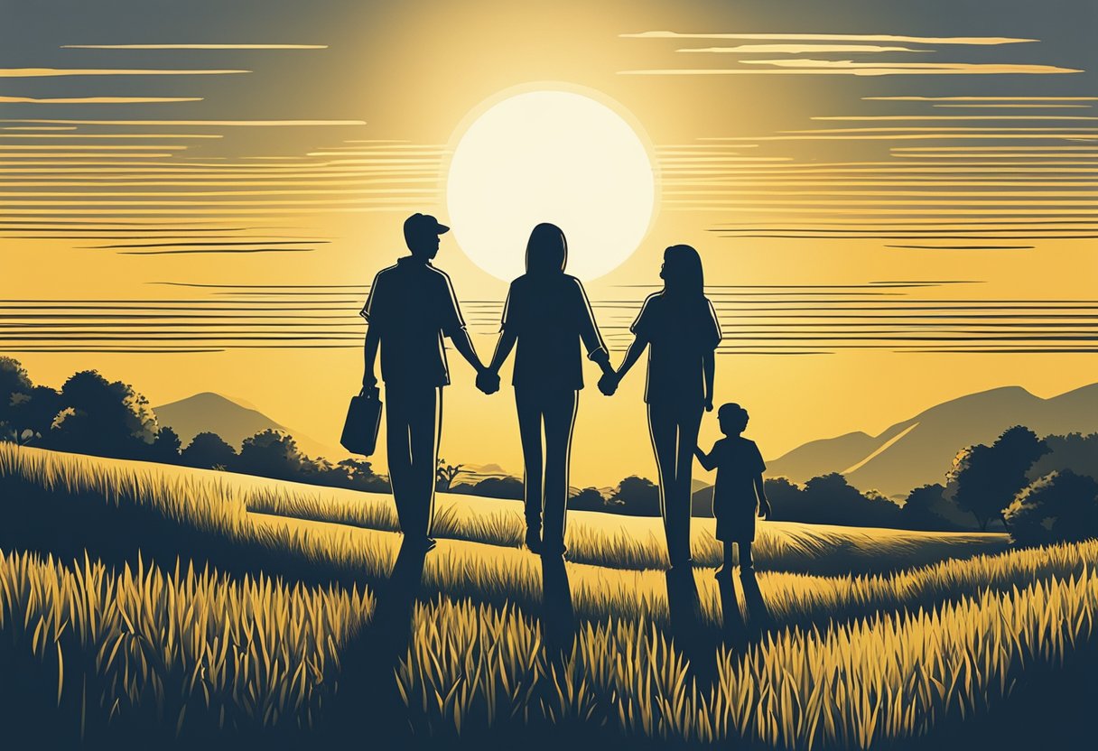 A family of four standing in a field, holding hands and smiling. The sun is setting behind them, casting a warm glow