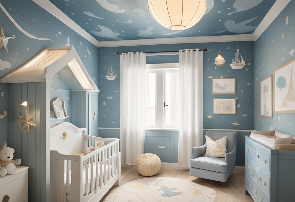 A nursery with a "N" themed decor, featuring a girl's name plaque, nautical wallpaper, and a nest mobile hanging from the ceiling