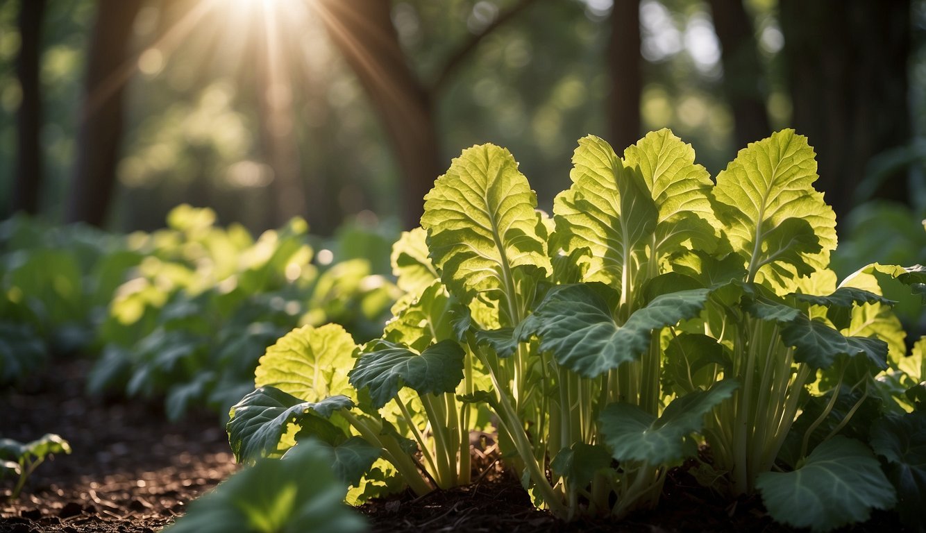 A bright garden with sunlight filtering through tall trees, casting dappled shade on a patch of rhubarb plants