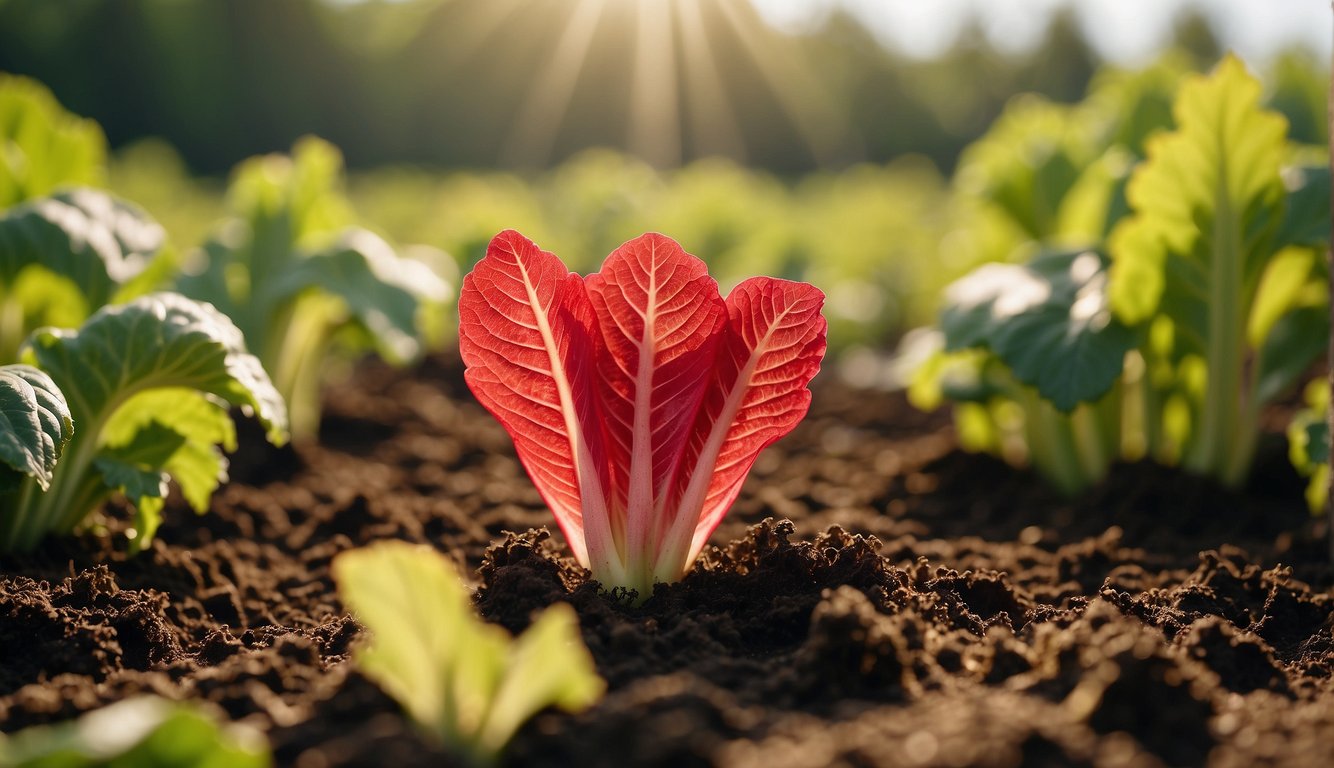 Rhubarb thrives in full sun with well-drained soil. Illustrate a sunny garden with a healthy rhubarb plant growing in the ground