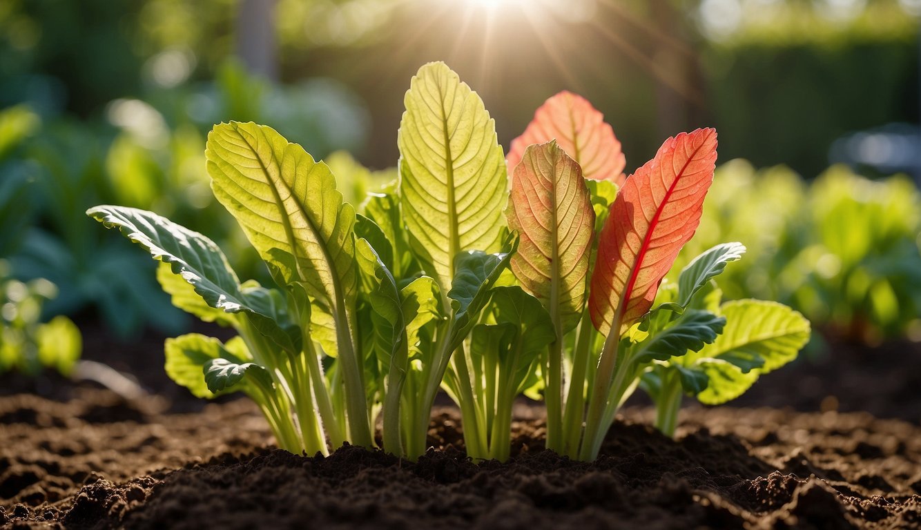 A sunny garden with a healthy rhubarb plant thriving in well-drained soil. Sunlight filters through the leaves, highlighting their vibrant green color