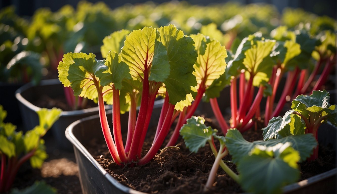 Rhubarb plants bask in the sun, soaking up its warmth and energy. The vibrant red stalks are carefully harvested and stored in a cool, dark place, ready to be enjoyed in pies and jams