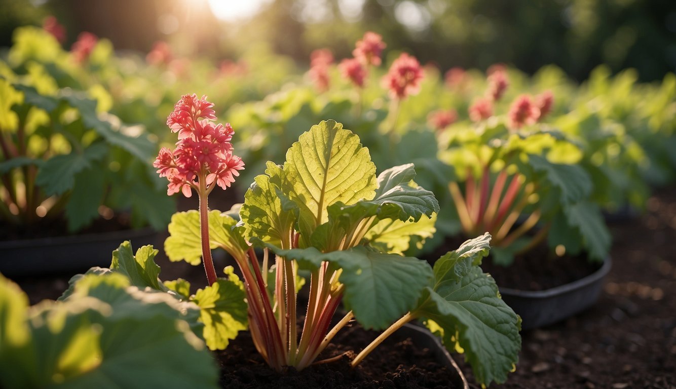 Rhubarb plants bask in the warm sunlight, thriving in a sunny spot in the garden