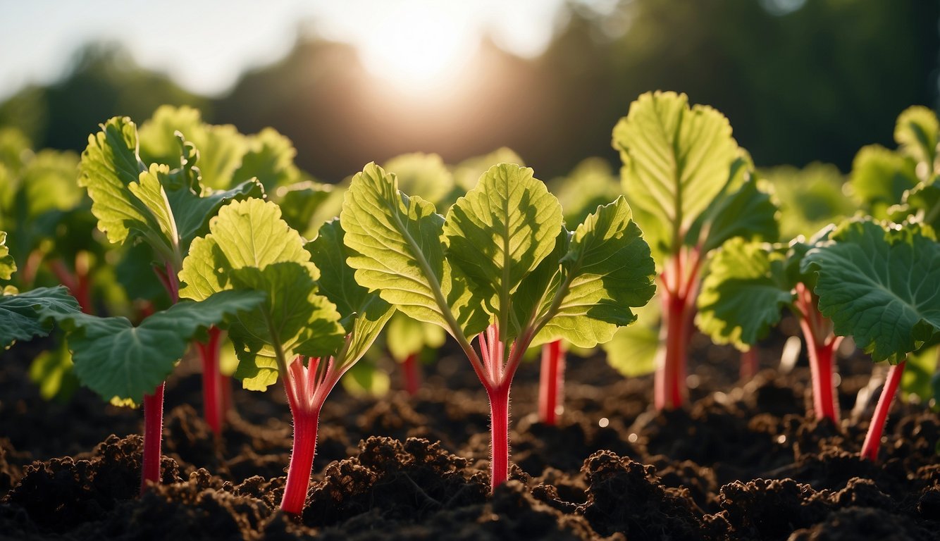 A thriving rhubarb plant basks in the sunlight, with its large green leaves reaching towards the sky while its vibrant red stalks grow abundantly in the shade