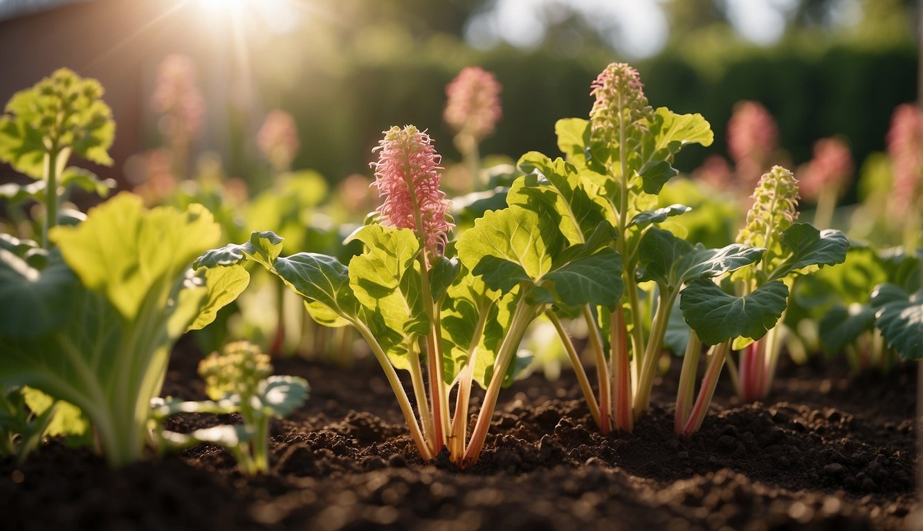 A sunny garden with rhubarb plants thriving in well-drained soil. Fertilizer is being applied around the base of the plants